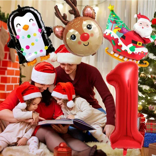 Vista 7 de Globos de papel de aluminio de Navidad, globos de cumpleaños de Navidad, número 1, pingüino, Papá Noel, reno, globo para decoración de fiestas Juego
