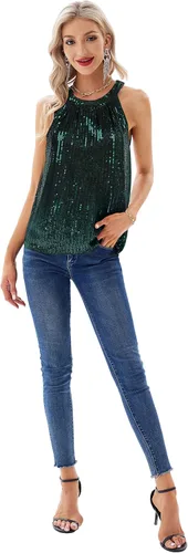 Vista 4 de GRACE KARIN Camisetas halter de lentejuelas para mujer, sin mangas, brillantes, fruncidas, fluidas, brillantes, para club, camisa de fiesta