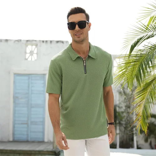 Vista 2 de Camisas polo casuales a rayas para hombre Moda atlética elástica cuello con cremallera manga corta ajustada