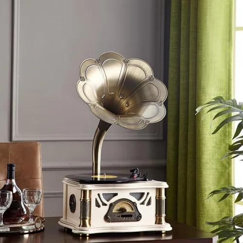 Vista 10 de Gramófono vintage con salida Bluetooth, tocadiscos vintage, tocadiscos retro para discos de vinilo de 7, 9, 12 pulgadas, 3 velocidades, alta Negro
