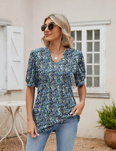 Vista 2 de Camisetas de verano con cuello en V para mujer, de manga corta, estilo casual, a la moda