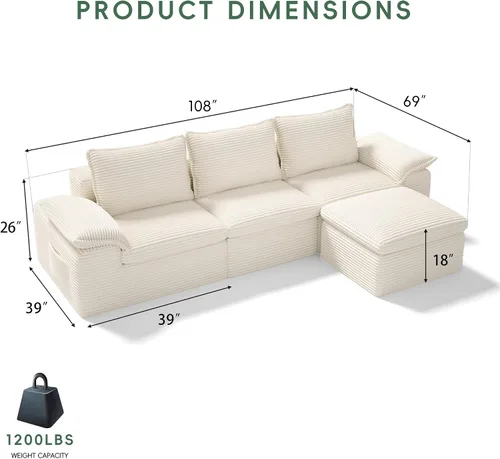Vista 2 de Sofá en forma de L de 108 pulgadas para sala de estar, sofá convertible en forma de L sin hueso con otomana, sofá comprimido de 3 plazas, sofá