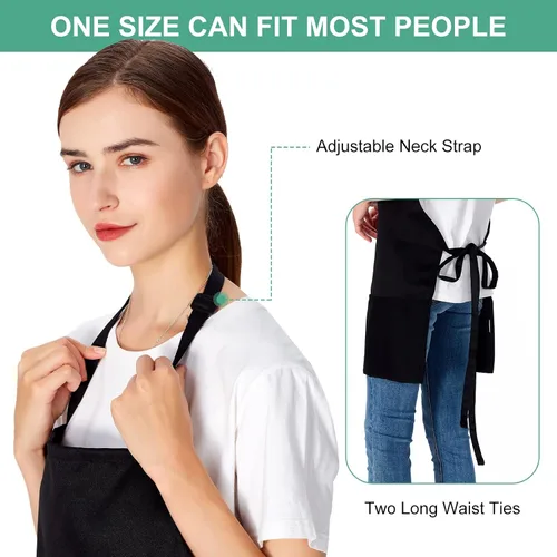 Vista 5 de Jubatus Paquete de 2 delantales ajustables con 3 bolsillos, delantales de cocina para chef, para mujeres y hombres, color negro