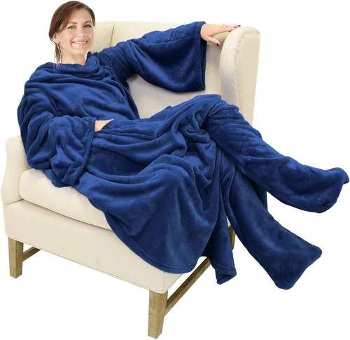 Vista 14 de Catalonia - Manta de vestir de vellón con mangas y compartimientos para los pies, para mujeres y hombres, manta de microfelpa cómoda y envolvente