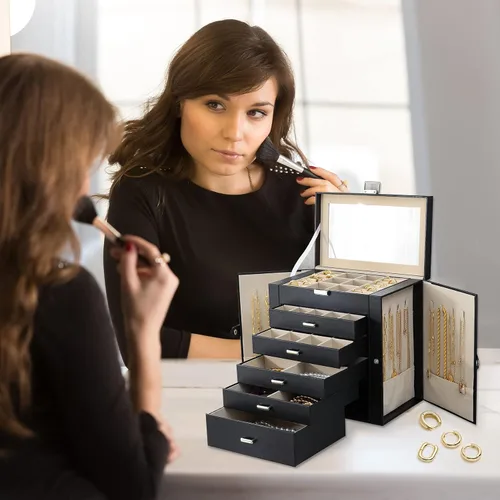 Vista 2 de Organizador grande de joyero con espejo para mujer 6 capas cajas de joyería con piel sintética joyas blancas altas y negras organizadas para regalo