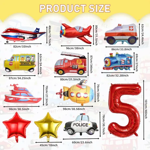 Vista 2 de 12 globos de transporte, camión, avión, autobús escolar, camión de bomberos, coche de policía, barco, ambulancia, submarino, globos de aluminio