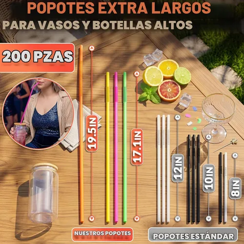 Vista 2 de 200 popotes extra largos desechables, 19.5 pulgadas flexibles para tazas