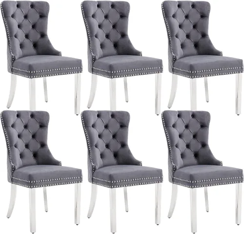 Vista 20 de KCC Juego de 2 sillas de comedor de terciopelo, sillas modernas copetudas Patas de acero inoxidable beige++ plata