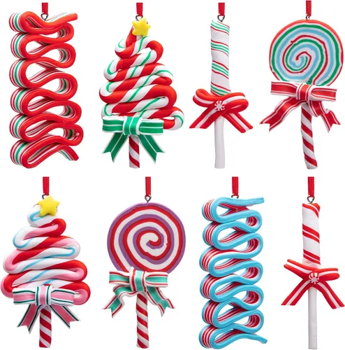 Vista 9 de codree 8 piezas Adornos colgantes de piruleta de Navidad - Adornos de caramelo para árbol de Navidad - Adorno de arcilla polimérica de caramelo