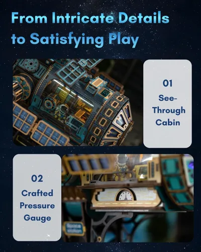 Vista 4 de Celestigon Station - Rompecabezas de madera 3D motorizados para adultos – Juego de construcción de estación espacial interestelar montada