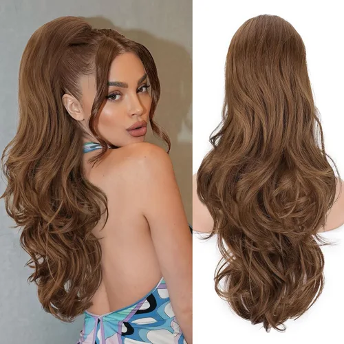 Vista 42 de Extensión de cola de caballo rubio, extensión de cola de caballo con cordón de 20 pulgadas para mujeres, extensiones de cabello de cola de caballo