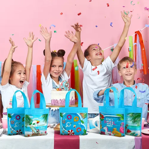 Vista 7 de Sweetude 36 bolsas de recuerdo de fiesta en la piscina, 4 diseños de bolsas de regalo de verano con asas, regalo de playa no tejidas para piscina