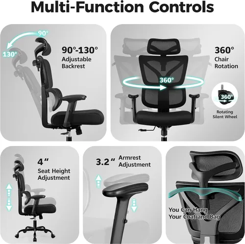 Vista 8 de Silla de Oficina Ergonómica de Respaldo Alto Silla de Escritorio con Soporte Lumbar, Silla de Computadora de Malla Transpirable con Reposabrazos