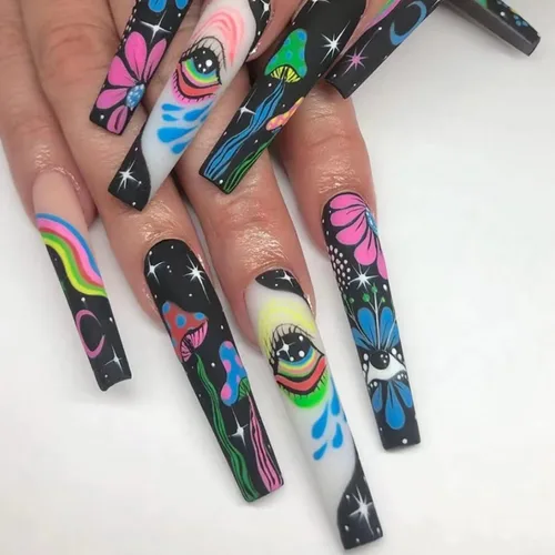 Vista 11 de Uñas postizas a presión con flores, uña corta cuadrada con diseños florales coloridos, uñas postizas de cobertura completa, uñas postizas brillantes