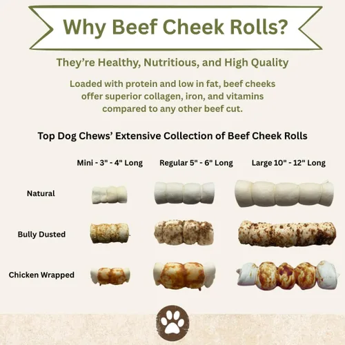 Vista 5 de Top Dog Chews Rollos de mejillas de ternera de búfalo de 6 pulgadas con chispas de polvo Bully, paquete de 5, huesos de perro de larga duración