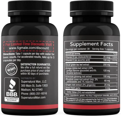Vista 3 de Supernatural Man Suplemento potenciador de T natural masculino 5G para el flujo sanguíneo, la resistencia, la fuerza y la resistencia, ginseng, ajo