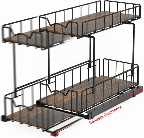 Vista 4 de Simple Houseware Estante de especias de 2 niveles, cajón deslizante para Negro