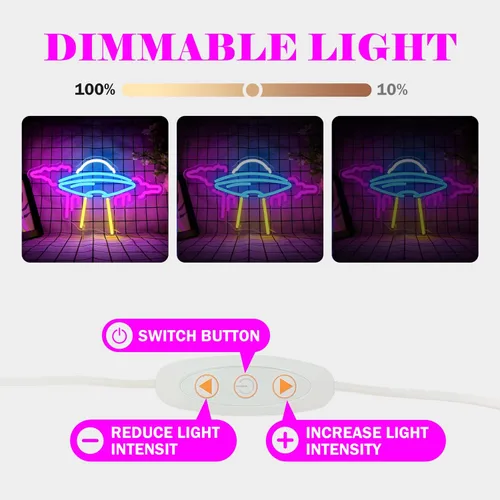 Vista 3 de Letrero de neón OVNI de nave espacial con luces LED de neón regulables para pared, letrero de neón OVNI para dormitorio, niños, espacio
