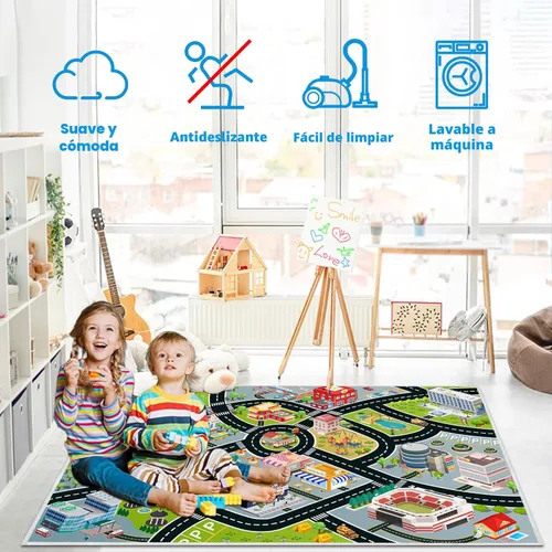 Vista 3 de Alfombra de Coches para Niños, Alfombra de Juego para Coches de Juguete y Tren, Alfombra de Juego de Tráfico Vial para Niños, Alfombra de Área