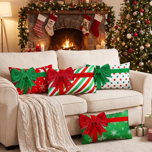 Vista 7 de Kingdder Fundas de almohada navideñas de 20 x 20 pulgadas, juego de 4 fundas de almohada de Navidad de granja, caja de regalo, decoración de lazo
