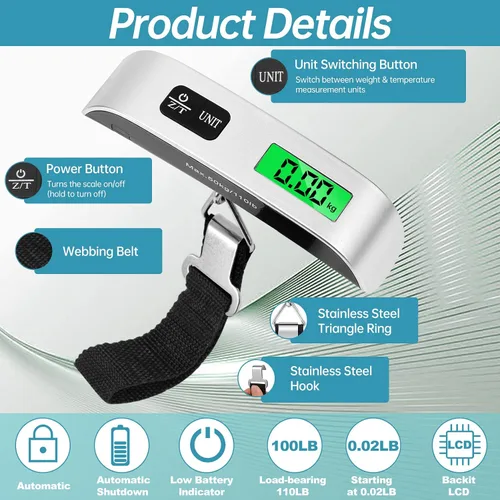 Vista 3 de Báscula digital para equipaje paquete de 3 básculas de peso de equipaje báscula digital de mano de 110 libras báscula de equipaje con pantalla LCD