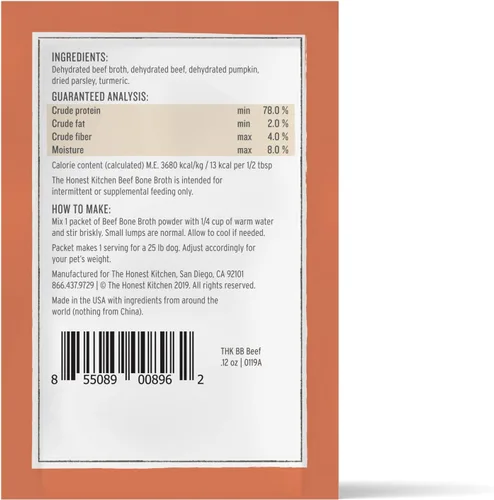 Vista 3 de The Honest Kitchen Daily Boosters: Caldo Instantáneo de Hueso de Carne con Cúrcuma para Perros, Sobres de 3.5g, Paquete de 12