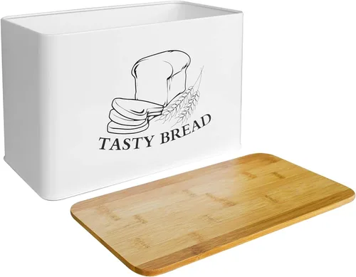 Vista 11 de SOTECH Caja de Pan con 3 Frascos Café Azúcar Té para Encimera de Cocina Caja de Pan de Metal Blanco con Tapa de Tablero de Bambú Conjunto