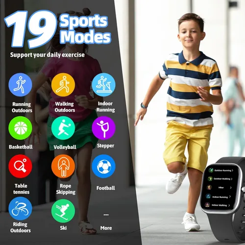 Vista 3 de Reloj inteligente para niños, rastreador de fitness, no necesita teléfono/aplicación, 19 modos deportivos, pantalla DIY de 1.5", impermeable IP68