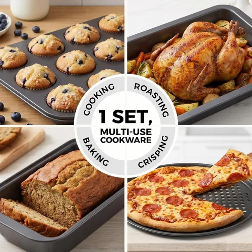 Vista 5 de Perlli Juego de 10 moldes para hornear antiadherentes de acero al carbono, gris para horno, 2 hojas de galletas, 2 moldes redondos para pasteles
