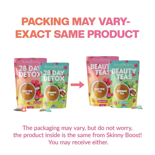 Vista 3 de SkinnyBoost - Kit de té desintoxicante de 2 paquetes – 1 de día HIBISCO (28 bolsas) + 1 de noche MANZANA CANELA (14 bolsas) – Desintoxicación herbal