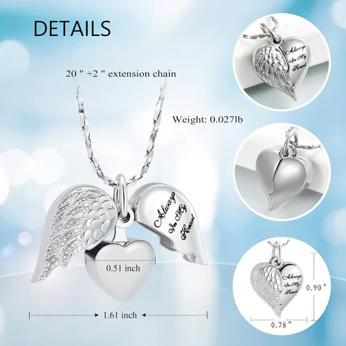 Vista 2 de Imrsanl Joyería de cremación para cenizas, collar de urna de corazón, colgantes, cenizas para mujeres, hombres, recuerdo familiar, ala de ángel