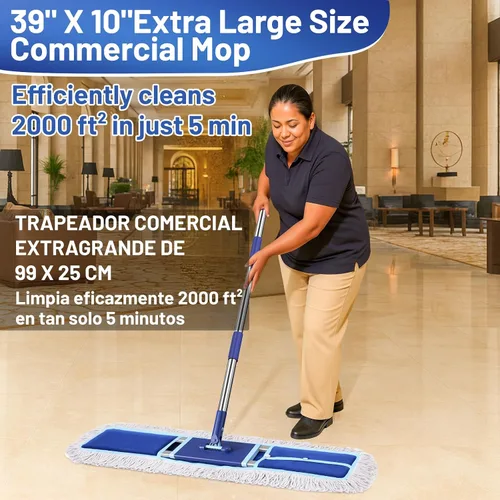 Vista 3 de 36" Mopa comercial para polvo: Escoba de polvo seco para limpieza de pisos de madera dura - 2 almohadillas de mopa reutilizables, mango largo de 59