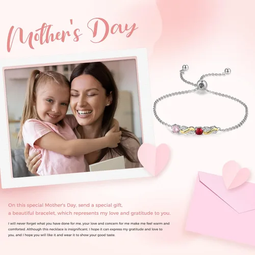 Vista 6 de Lam Hub Fong Pulsera personalizada de regalo para el día de la madre, pulseras personalizadas con nombre de piedra natal para mamá de hija, pulseras