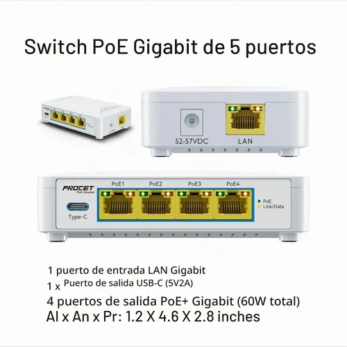 Vista 6 de Conmutador PoE de 5 puertos EN-S4P1C - 4 puertos PoE+ y 1 USB-C, conmutador de red no administrado