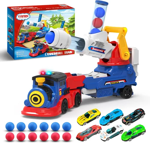 Vista 7 de Juego de tren de juguete 2 en 1 para niños pequeños, base de tren de catapulta con grúa torre móvil, 8 pequeños trenes magnéticos, efecto de luz
