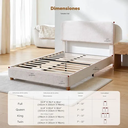 Vista 2 de Marco de Cama Cloud Tamaño Full, Marco de Cama Tapizado Boucle con Cabecera Ajustable, Patas de Madera Sólida, Diseño de Esquinas Redondeadas