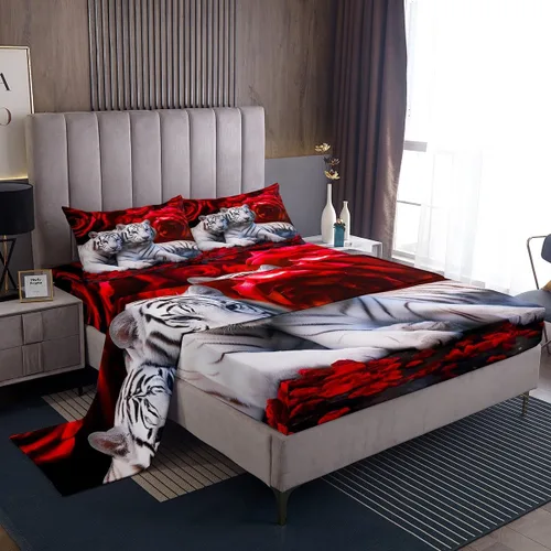 Vista 28 de Erosebridal Sábanas de cama de guepardo con rosa roja, juego de sábanas de bolsillo profundo con estampado de leopardo y gato, sábana bajera