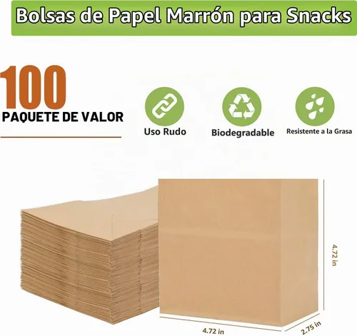 Vista 2 de Pequeñas bolsas de papel marrón para aperitivos, paquete de 100, bolsas de papel kraft a prueba de grasa, reciclables y biodegradables, pequeños