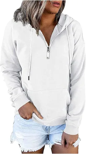 Vista 6 de Sudadera con capucha y media cremallera para mujer, con cordón, atlética, moderna, con bolsillo frontal, manga larga, para otoño