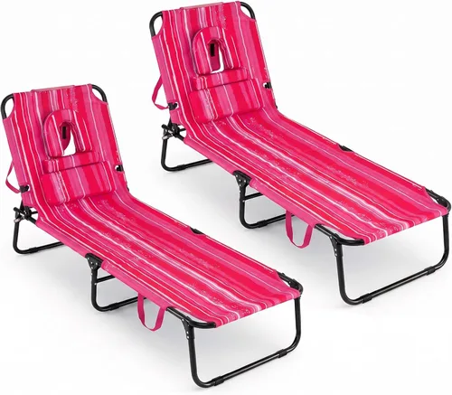Vista 22 de GYMAX Silla de bronceado, silla de playa de 350 libras con agujero para la cara, almohada lavable y correa de transporte, tumbona plegable Ártico