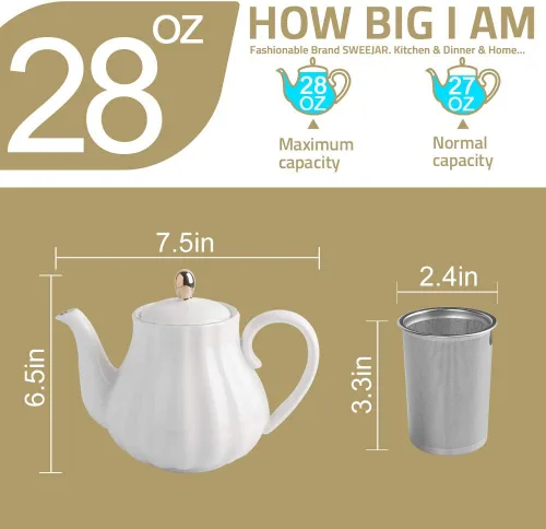 Vista 6 de Sweejar Royal Ceramic Teapot & Sugar and Creamer Set (Blanco)