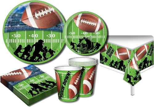 Vista 7 de Juego de suministros de fiesta temática de fútbol de lujo para 20 personas, incluye 20 platos grandes, 20 platos pequeños, 20 servilletas, 20 tazas