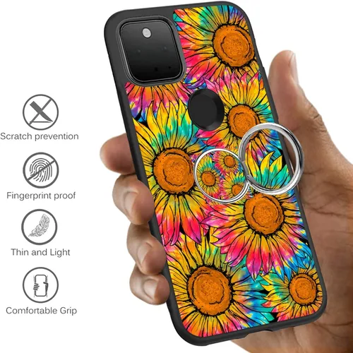 Vista 2 de Funda compatible con Google Pixel 5A 5G con soporte de anillo, diseño de girasol, funda protectora a prueba de golpes para Google Pixel 5A 5G