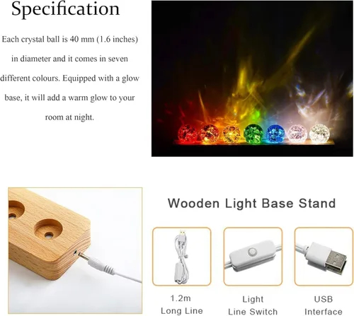 Vista 6 de 7 colores 1.575 in hielo agrietado bolas cristal chakra bolas con base de madera LED Bola curativa de cristal de la esfera, bola del cuarzo