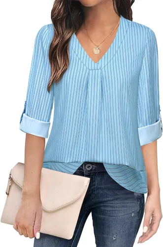 Vista 26 de Youtalia Blusas para mujer, elegantes, informales, de negocios, manga 3/4, de gasa, cuello en V, camisas de trabajo y oficina