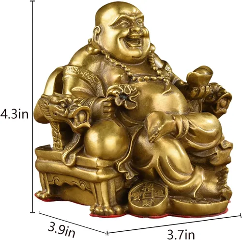 Vista 2 de Brass Statu BRABUD Feng Shui - Estatua de Buda sonriente hecha a mano sentado en la silla del emperador, escultura para el hogar