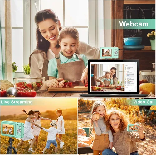 Vista 6 de Cámara digital FHD 1080P para niños, tarjeta SD de 32 GB, zoom 16X, punto y disparo compacto, portátil (verde)
