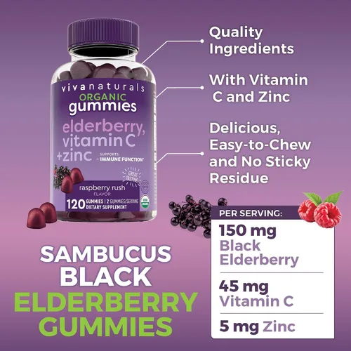 Vista 3 de Viva Naturals Gomitas orgánicas de saúco Sambucus para adultos (120 unidades) – Gomitas de apoyo inmunológico de vitamina C y zinc de saúco 3 en 1