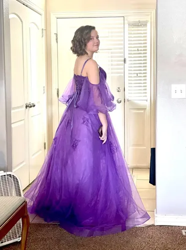 Vista 6 de pfectdy Vestidos de fiesta de tul con tirantes delgados, apliques de encaje, vestidos de baile con manga hinchada para mujer, vestidos de fiesta