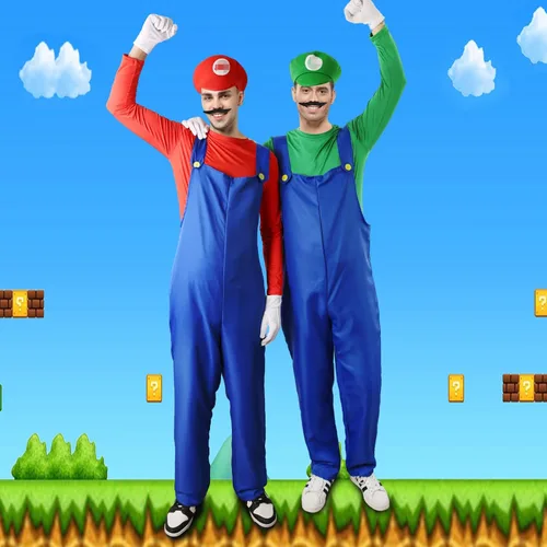 Vista 6 de Vermeyen Traje de fontanero para adultosniños con sombrero, guantes de bigote, accesorio para disfraz de Halloween o cosplay